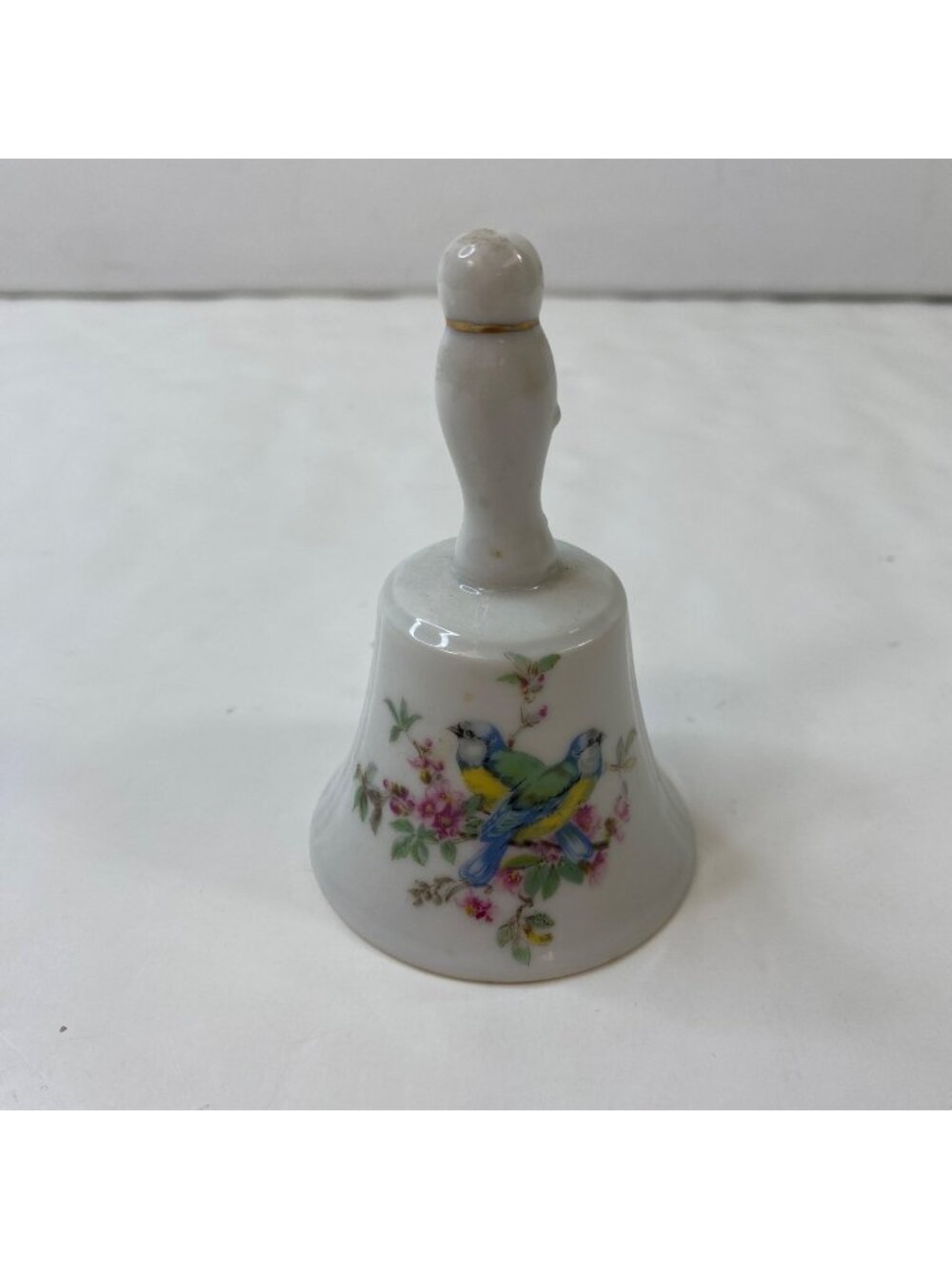 White Porcelain Bell Hand-Painted Bluebird Pink Floral Design Gold Trim Vintage